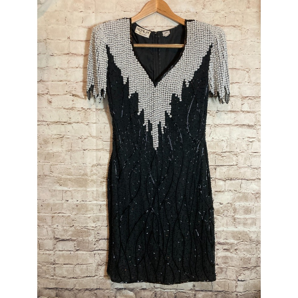 Vintage Scala Silk Beaded Dress Womens Medium Black 80's Fully 100% Beaded Lined